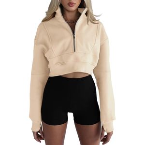 Custom Women's Half Zip <b>Cropped</b> Sweatshirt <b>Long</b> <b>Sleeve</b> Casual <b>Top</b> With Thumb Hole Anti-Wrinkle 100% Cotton Knitted Fabric - Product Image 1