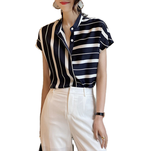 Camisa de Verano para Mujer, Casual, sin Cuello, Nueva Moda, Transpirable, con Botones, de Poliéster, Retro, con Rayas Irregulares, Manga Corta, Venta al Por Mayor - Product Image 1