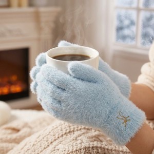 Gants en tricot acrylique chauds, doux et moelleux, bleu pâle avec broderie nœud doré, élégants pour l'hiver, usage quotidien et cadeaux de Noël - Product Image 2