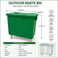 Conteneur à déchets extérieur commercial de 600 L en acier galvanisé vert avec 4 roulettes pivotantes