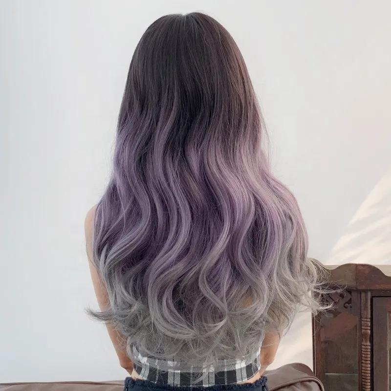 La migliore vendita 65cm di lunghezza riccia moda viola grigio parrucca mista sintetica Anime Cosplay parrucca di capelli Lolita resistente al calore