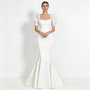 <span class=keywords><strong>Robes</strong></span> de soirée et de mariée pour femmes, col carré, manches courtes bouffantes, en satin, avec <span class=keywords><strong>d</strong></span>étail nœud, ourlet sirène, longueur maxi, pour occasions formelles - Product Image 3
