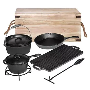 木製ボックスODMOEM屋外キャンプキッチン調理器具7個入りプレシーズン鋳鉄製ソースポットダッチオーブン