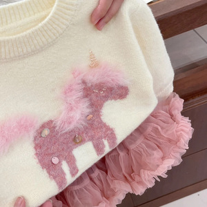 Tongxingyuan Girls' Knitted Sweater Tutu Skirt Set Pink Pony Design Thickening Cotton Soft Wear For Children - Product Image 3