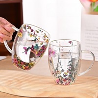 Tasse en verre borosilicate à double paroi avec poignée 200ml 350ml, Mug en verre pour fleurs séchées, pour café, lait, eau, jus, Vente en gros