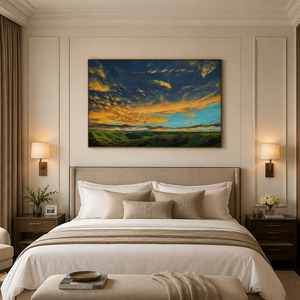 Drammatico Tramonto su Colline Ondulate, Dipinto a Olio Fatto a Mano, Nuvole Dorate e Arancioni, Paesaggio Impressionista, Cielo Colorato, Arte su Tela - Product Image 6