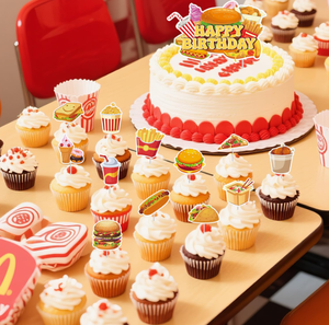 Decoración para Fiesta de Cumpleaños de Comida Rápida: Banderas de <span class=keywords><strong>Hamburguesas</strong></span>, Guirnaldas, Centros de Mesa de Panal, Adornos para Cupcakes y Pasteles, Globos Impresos y Juguetes Decorativos - Product Image 4