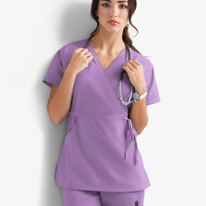 Women Shirts Nursing Scrub Tops Stylish Shoulder Comfy Hospital Uniform Women's 2-pocket Solid Mock Wrap with Side <b>Tie</b> Scrub Top - Product Image 4