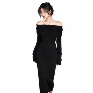 Women's <b>Black</b> Knitted Midi Sweater <b>Dress</b> Off The Shoulder Long Sleeve Bodycon Minimalist Autumn Wear - Product Image 1