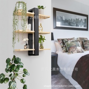 Wooden <b>Wall</b> <b>Mounted</b> <b>Shelf</b> 3 Tier Black Frame Natural Wood <b>Shelves</b> For Home Living Room Plant Display Storage Rack - Product Image 4