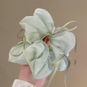 Coleteros de malla de color liso con lazo de perlas dulces de 12 cm para mujer, accesorios para el cabello - Product Image 6