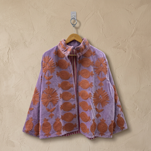 Blouson en velours violet brodé avec col montant, manches longues, vêtement d'extérieur pour femme, automne, manteau à motifs fait main - Product Image 1