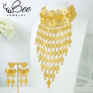 Juego de joyería nupcial africana de aleación chapada en oro de 21k con collar de borlas largas y aretes para mujeres indias, en oferta. - Product Image 1