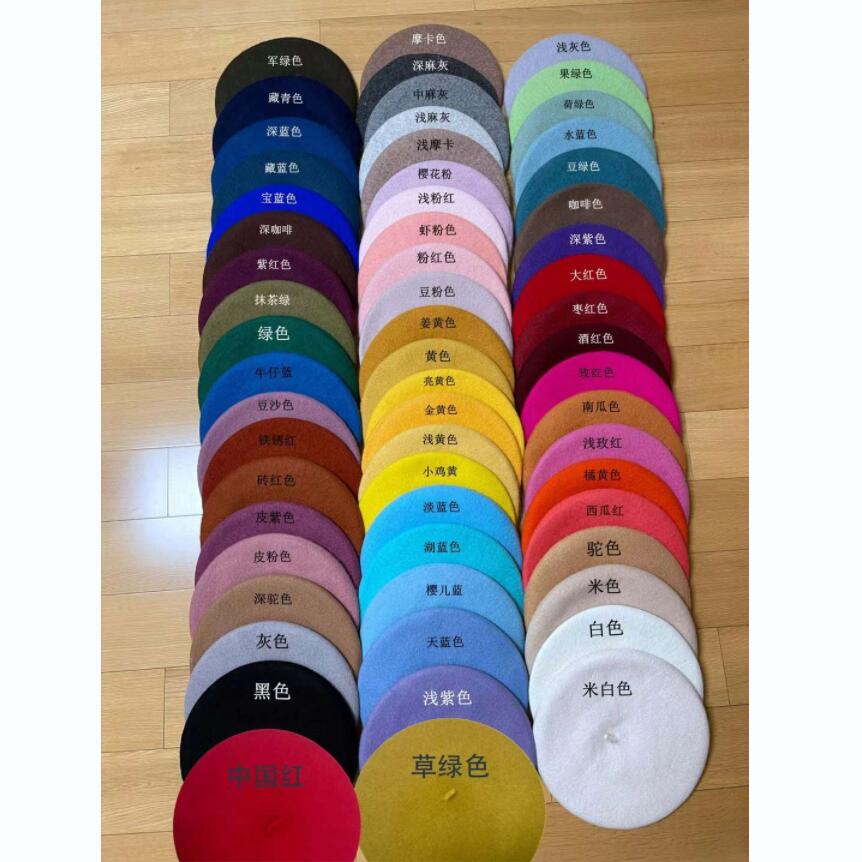 Однотонный цветной берет из 100% шерсти для женщин, оптовая продажа, вязаная зимняя шапка, однотонная цветная фетровая шапка художника