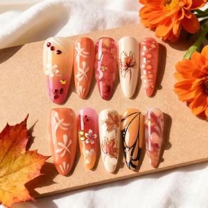 Automne Hiver 30 Pièces Long Amande ABS Press-On Nails Feuille D'or Conception 3D <span class=keywords><strong>Libellule</strong></span> Fleur Feuille D'érable Motifs pour Doigt - Product Image 2