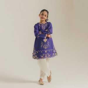 Girls Purple Embroidered Kurta With Cream Pants Traditional Indian Pakistani Wear Regular Fit Midi Length Cotton Casual Outfit - Product Image 1