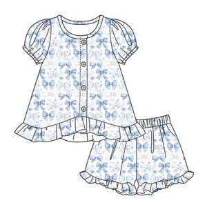 Conjuntos de Shorts Casuales Personalizados para Niñas con Estampado Floral y Lazos, Estilo Coquette, para Primavera y Otoño, con Volantes, Combinables para Hermanas, Venta al por Mayor, Algodón Peinado - Product Image 4