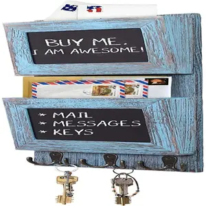 Custom 2 Slot Mail Organizer for Wall with Chalkboard Surface and 3 Double Key Hook Wall Mounts