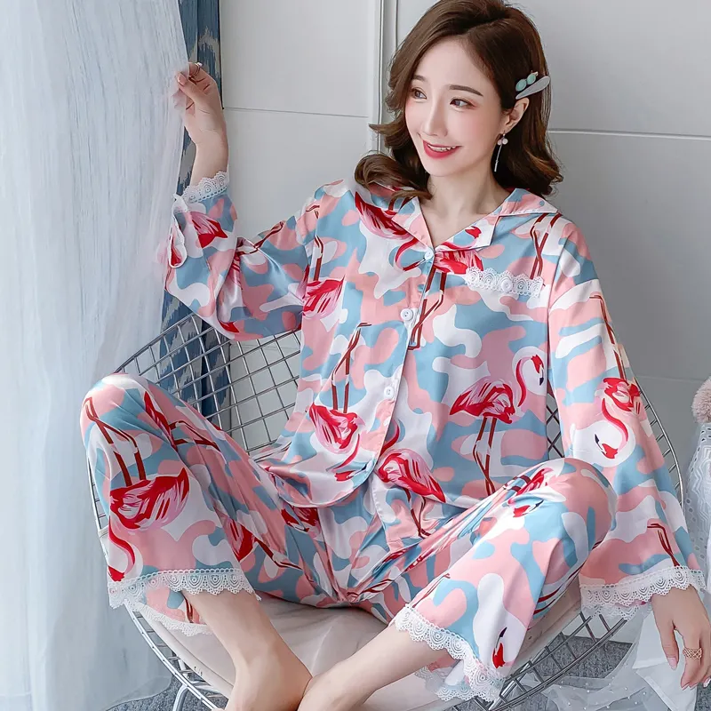 Wholesale Pajama Sets Sleepwear Women silk Printed Leisure Wear For Pyjamas Winter Home Wear Nightgown