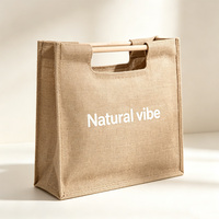 Sac fourre-tout en jute personnalisé avec logo imprimé, poignées en bois, imperméable, sac d'épicerie en chanvre naturel pour cadeau promotionnel