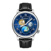 Montre mécanique entièrement automatique avec bracelet en cuir véritable, fermoir papillon, étanche, aiguilles lumineuses, cadran ciel étoilé en métal