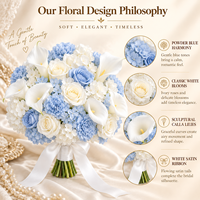 Bouquet de mariée rond bleu et blanc de qualité supérieure, rose artificielle, hortensia, calla, lys, œillet avec ruban de satin pour mariage