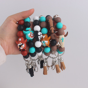 Regalo para el Día de la Madre: Pulsera de silicona <span class=keywords><strong>con</strong></span> cuentas de leopardo verde esmeralda y Jesús, hecha a mano, tipo llavero o brazalete. - Product Image 1