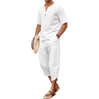 Ensemble 2 pièces en lin pour homme Chemise Henley à manches courtes et pantalon sarouel Capri à jambes larges Pantalon de yoga de plage Baggy Tenues