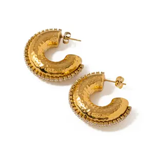 Trendy Stainless Steel Gold Plated Chunky C Shape Hoop Earrings Hammer Texture Cubic Zircon Hoop Earrings