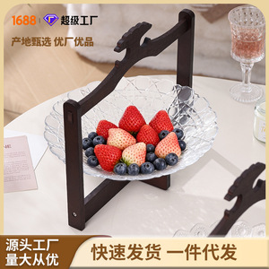 Bandeja giratoria redonda de bambú y vidrio para frutas con diseño tallado, tipo soporte, para uso doméstico, bandeja de almacenamiento. - Product Image 2