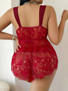 Pyjama en dentelle pour femmes de <span class=keywords><strong>grande</strong></span> <span class=keywords><strong>taille</strong></span> avec cils en maille fine, broderie en dentelle, jarretelles en perspective, ensemble fendu amusant de deux pièces pour femmes - Product Image 5