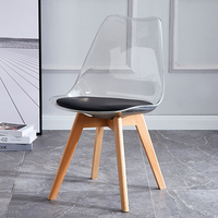 Chaise de salle à manger en plastique transparent pour l'extérieur, chaise de salle à manger en tulipe, siège et dossier en PC, coussin en PU, pieds en bois de hêtre