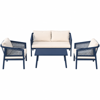 Ensemble de canapés bleu marine à dossier en corde, 4 pièces avec 2 fauteuils et table basse, mobilier de patio avec coussins crème pour jardin