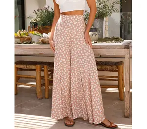 2024 оптовая продажа, шикарная одежда на заказ, женские летние расклешенные брюки цвета хаки Бохо с цветочным принтом и высокой талией