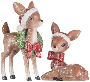 聚树脂驯鹿套装/2圣诞闪光驯鹿配有/圣诞帽子和花环复古复古风格装饰
