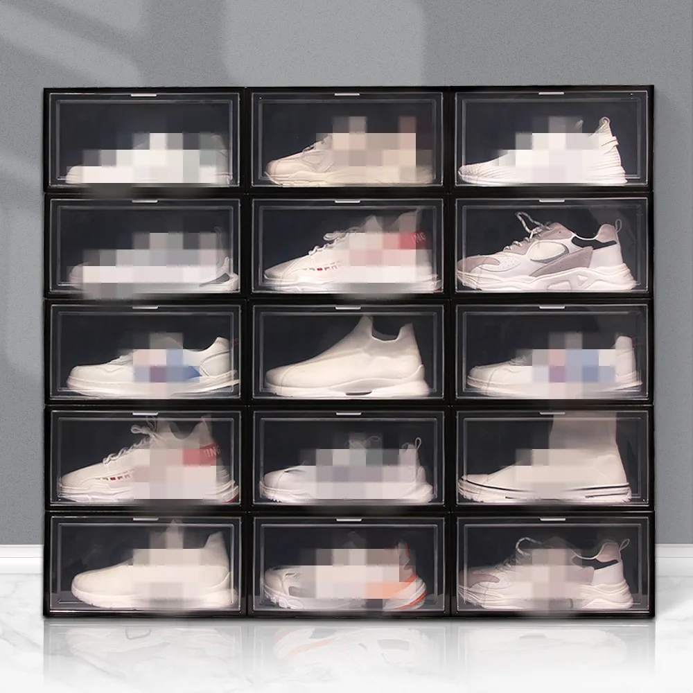 Dikdörtgen DIY istiflenebilir katlanabilir düzenli ayakkabı rafı konteyner şeffaf taşınabilir damla ön organizatör plastik ayakkabı kutusu