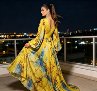 Robe longue plissée décontractée pour femme 2026, imprimé marbre jaune, col en V, manches bouffantes, pour soirée, avec détails unis