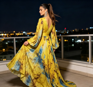 Abito lungo da donna 2026 <span class=keywords><strong>giallo</strong></span> con stampa marmorizzata, plissettato, casual, scollo a V, maniche a sbuffo, per serate ed eventi, tinta unita - Product Image 6