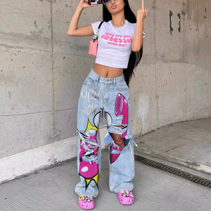 <span class=keywords><strong>Jeans</strong></span> Strappati Plus Size da <span class=keywords><strong>Donna</strong></span>, Stile High Street, Pantaloni a Vita Alta con Motivo Graffiti, Pantaloni in Denim Chic, Pantaloni Lunghi da <span class=keywords><strong>Donna</strong></span> - Product Image 4