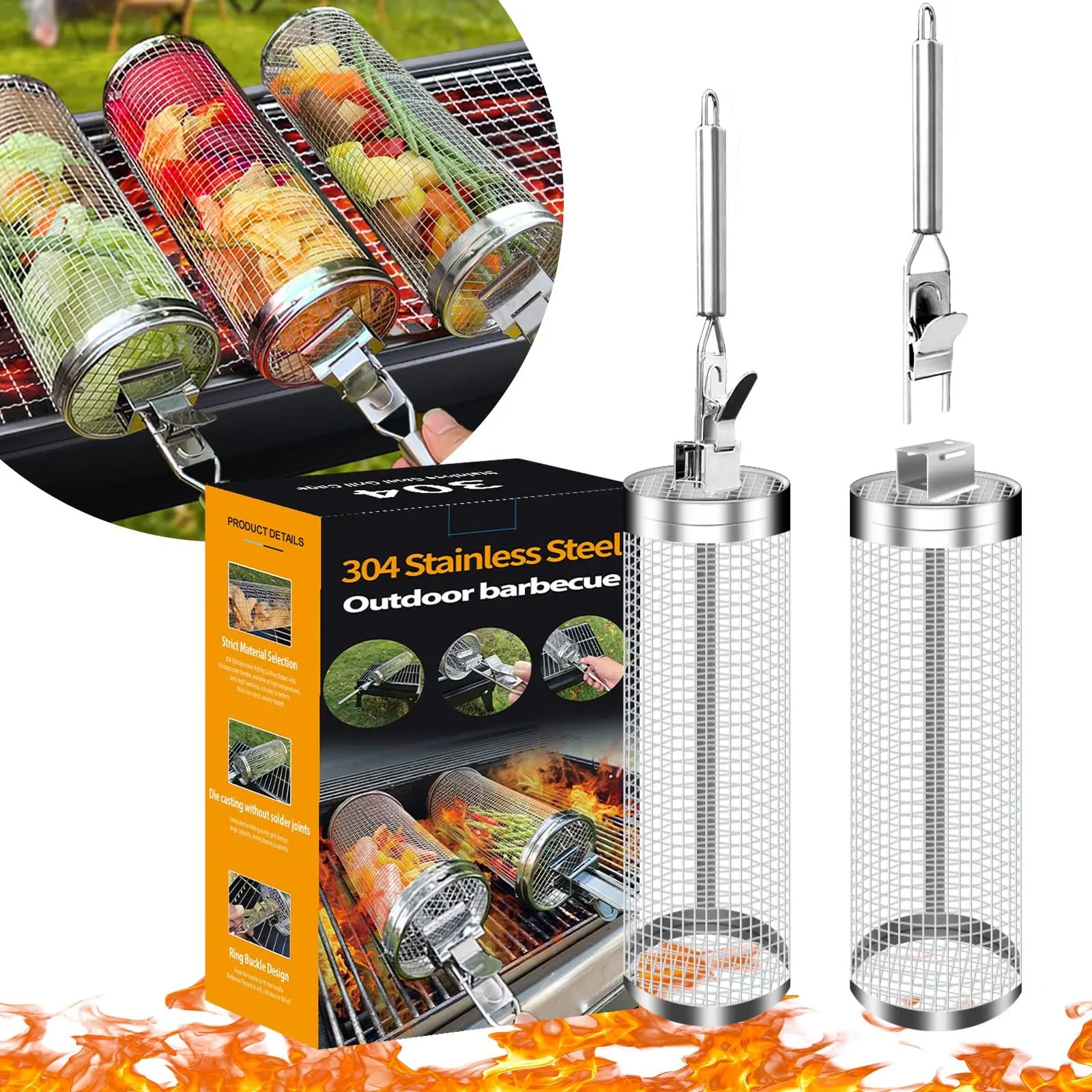 Hot-Sale Producten Bbq Accessoires 304 Roestvrijstalen Cilinder Grill Mand Walsen Grill Manden