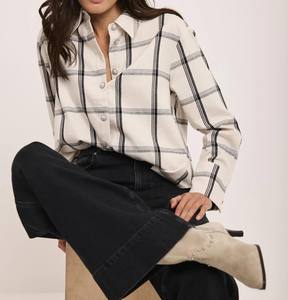 Camicia a Quadri in Cotone Crema da <span class=keywords><strong>Donna</strong></span> - Manica Lunga con Bottoni per Ufficio o Uso Casual - Product Image 2