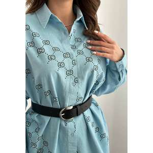 <b>Women's</b> Blue Dyed <b>Linen</b> Printed Shirt with Rhinestones Wholesale <b>Blouses</b> & Shirts - Product Image 1