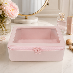 Bolsa de almacenamiento de maquillaje rosa para mujer, caja organizadora de cosméticos, diseño de ventana transparente, cierre de cremallera, gran capacidad, artículos de tocador de viaje - Product Image 1