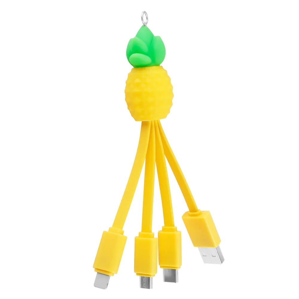 Cabo de carregador 3 em 1 para criatividade frutas abacaxi multi portas chaveiro cabo de carregamento USB 3 em 1
