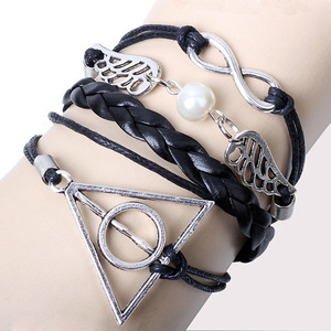 Fashion Charm <b>Bracelet</b> Black Leather <b>Infinity</b> Wings Geometric Design Tibetan Silver Multi-layered Stackable Jewelry - Product Image 1