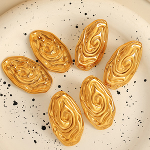 <b>Titanium</b> Steel Stud Earrings Oval Irregular Spiral Pattern Gold Color EH729 Fashion Jewelry - Product Image 1