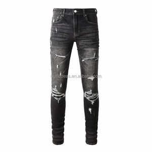 Pantalones vaqueros de <span class=keywords><strong>hombre</strong></span> ajustados a la rodilla rasgados con diseño desgastado y logotipo personalizado - Product Image 2