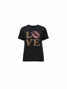 T-Shirt da Donna con Stampa Leopardata e Scritta 'Love', Manica Corta, Stile Retrò, Girocollo, per San Valentino, Vestibilità Regolare, 100% Cotone Jersey - Product Image 1