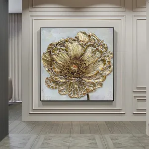 Hot Sale Pue Handmade Modern Flower Gold Foil Texture Acrylic Abstract Canvas Artworks Framed Large Oil Paintings Art