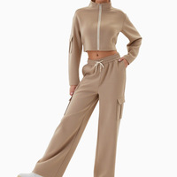 Ensemble de sport décontracté pour femme avec poches de style workwear, veste zippée à col montant et pantalon décontracté à jambe droite, ensemble deux pièces